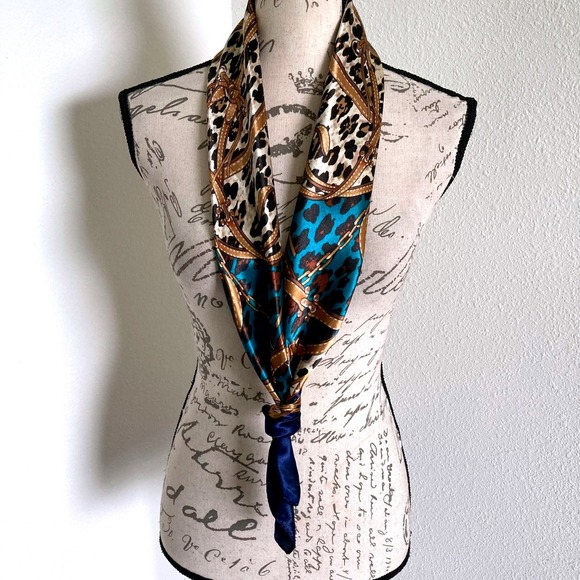 Satin Square Leopard Chain Bit Bridle Boho Scarf Neck teal blue Old Money 💖 - Picture 16 of 16